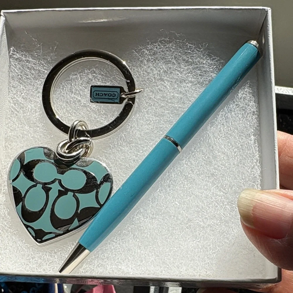 Coach Teal Heart Locket Keychain and Coach Mini Pen - Picture 1 of 4